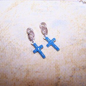 Pair (2) Sterling Silver Blue Enamel Religious Cross Charms